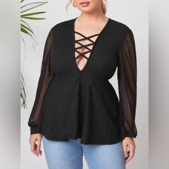 Urbanic Tops - Urbanic Black Deep neck top with sheer sleeves